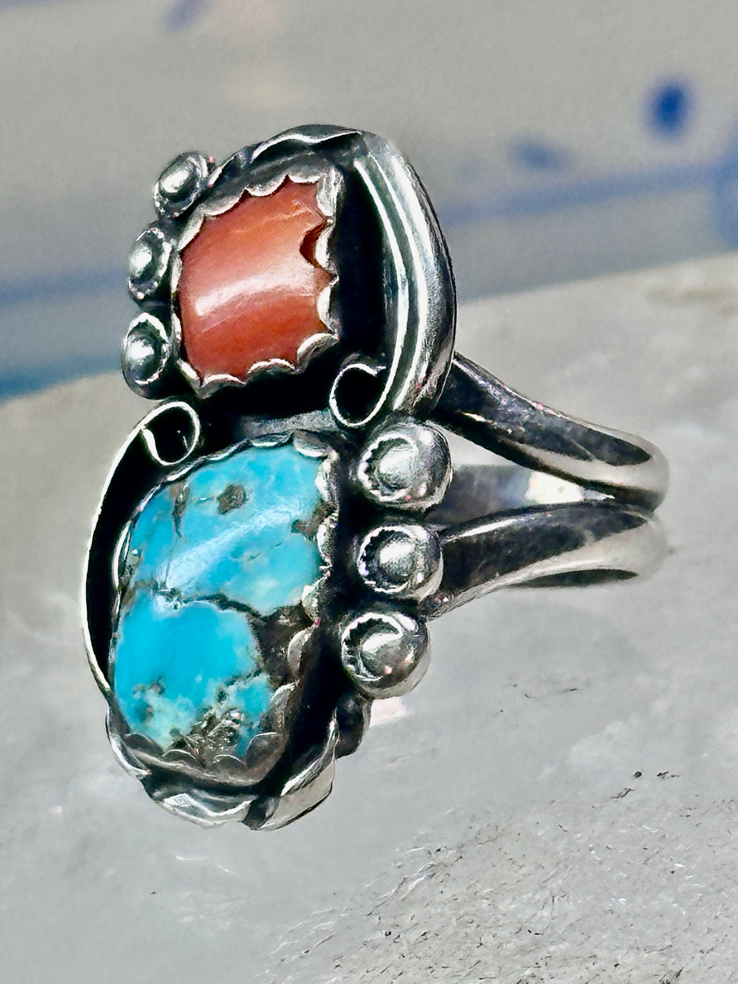 Navajo ring Turquoise Coral size 7 sterling silver women