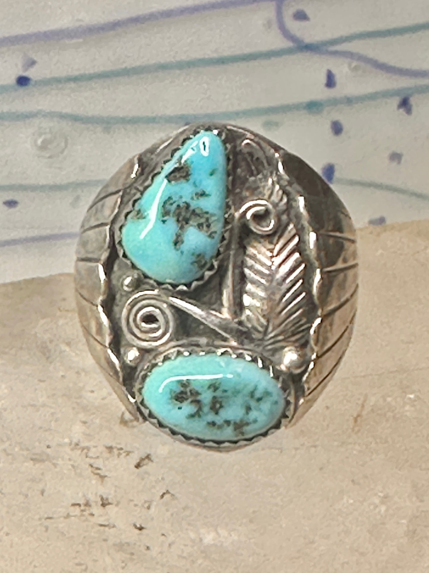 Navajo ring Turquoise band Floral leaves size 10.50 sterling silver women men