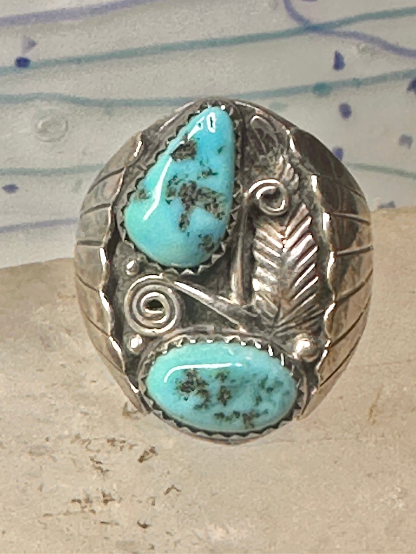 Navajo ring Turquoise band Floral leaves size 10.50 sterling silver women men