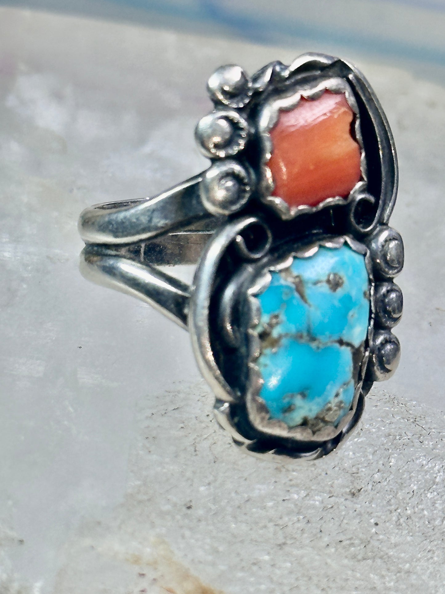 Navajo ring Turquoise Coral size 7 sterling silver women