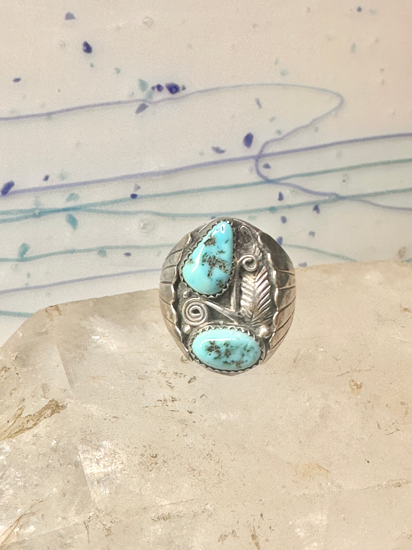 Navajo ring Turquoise band Floral leaves size 10.50 sterling silver women men