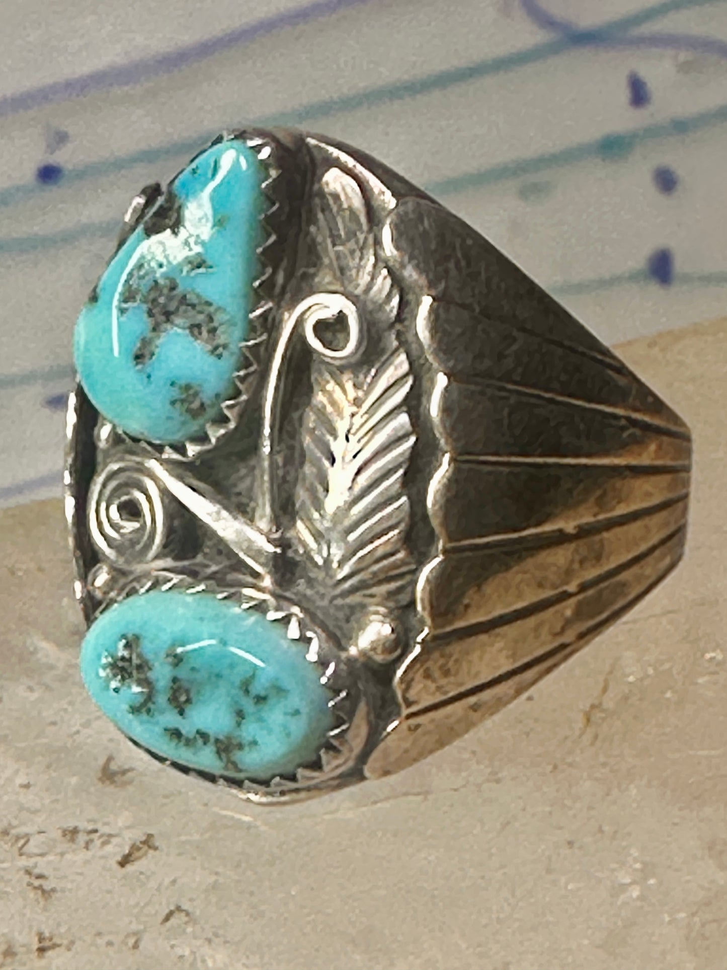 Navajo ring Turquoise band Floral leaves size 10.50 sterling silver women men