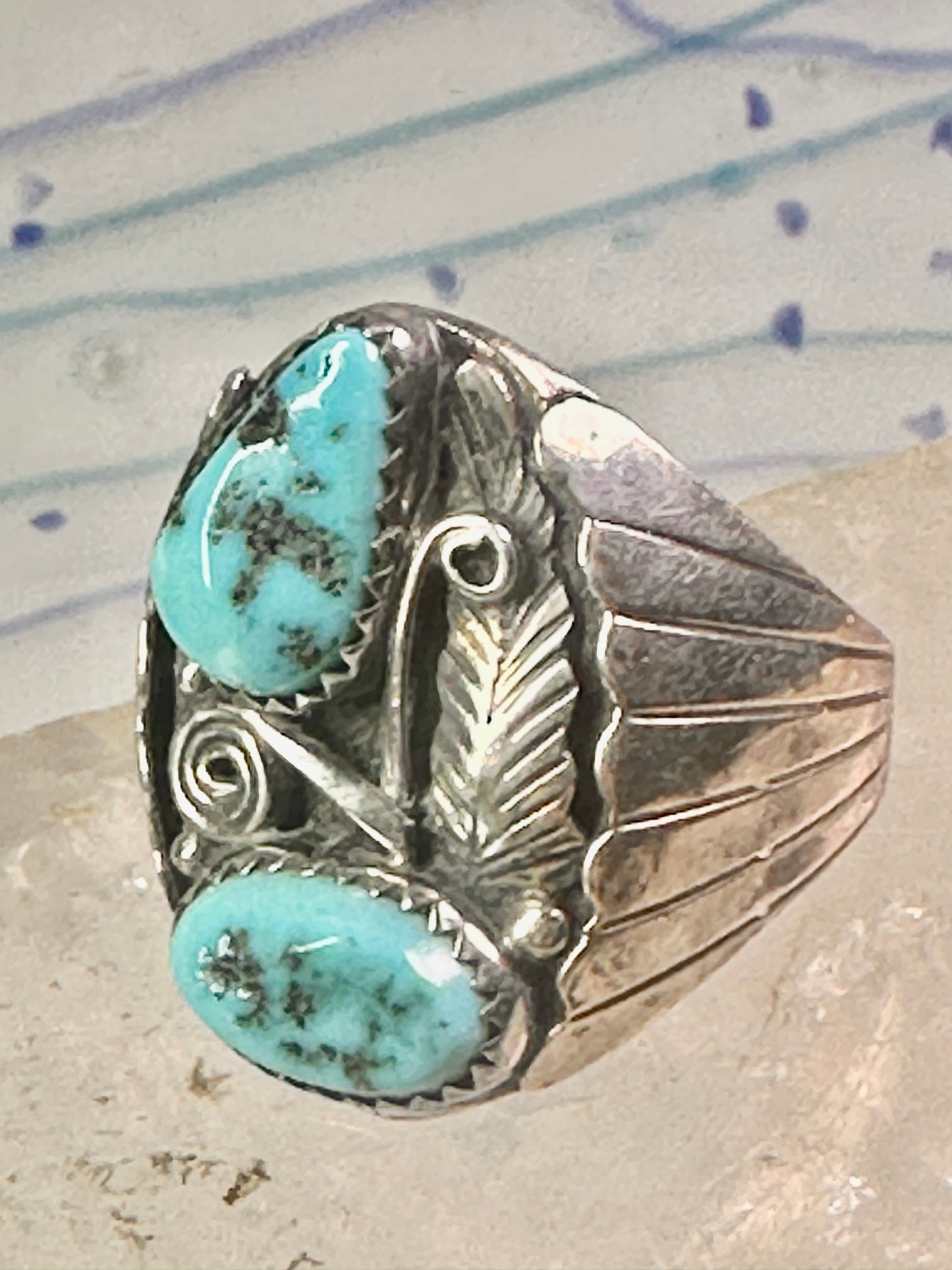 Navajo ring Turquoise band Floral leaves size 10.50 sterling silver women men
