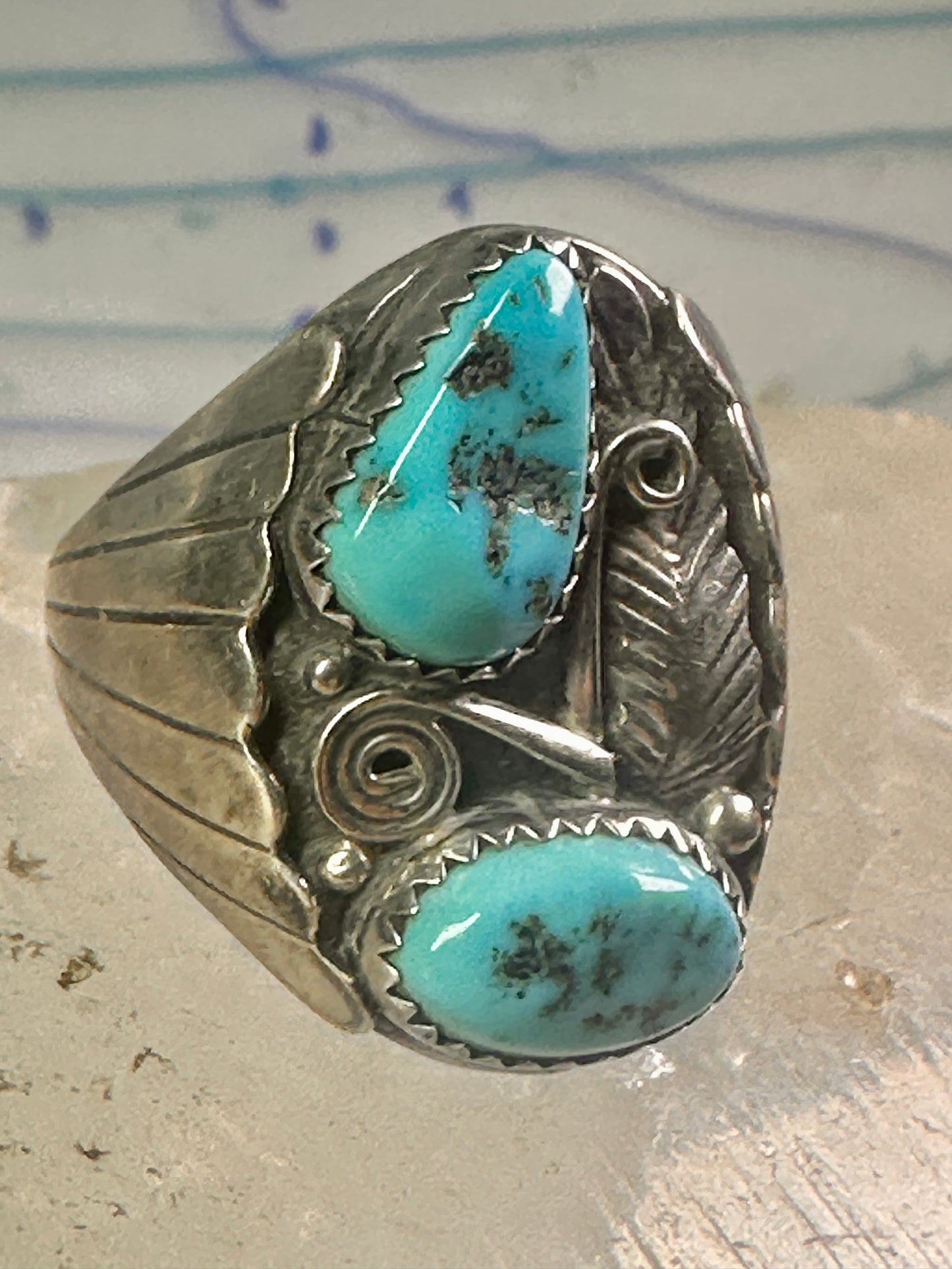 Navajo ring Turquoise band Floral leaves size 10.50 sterling silver women men