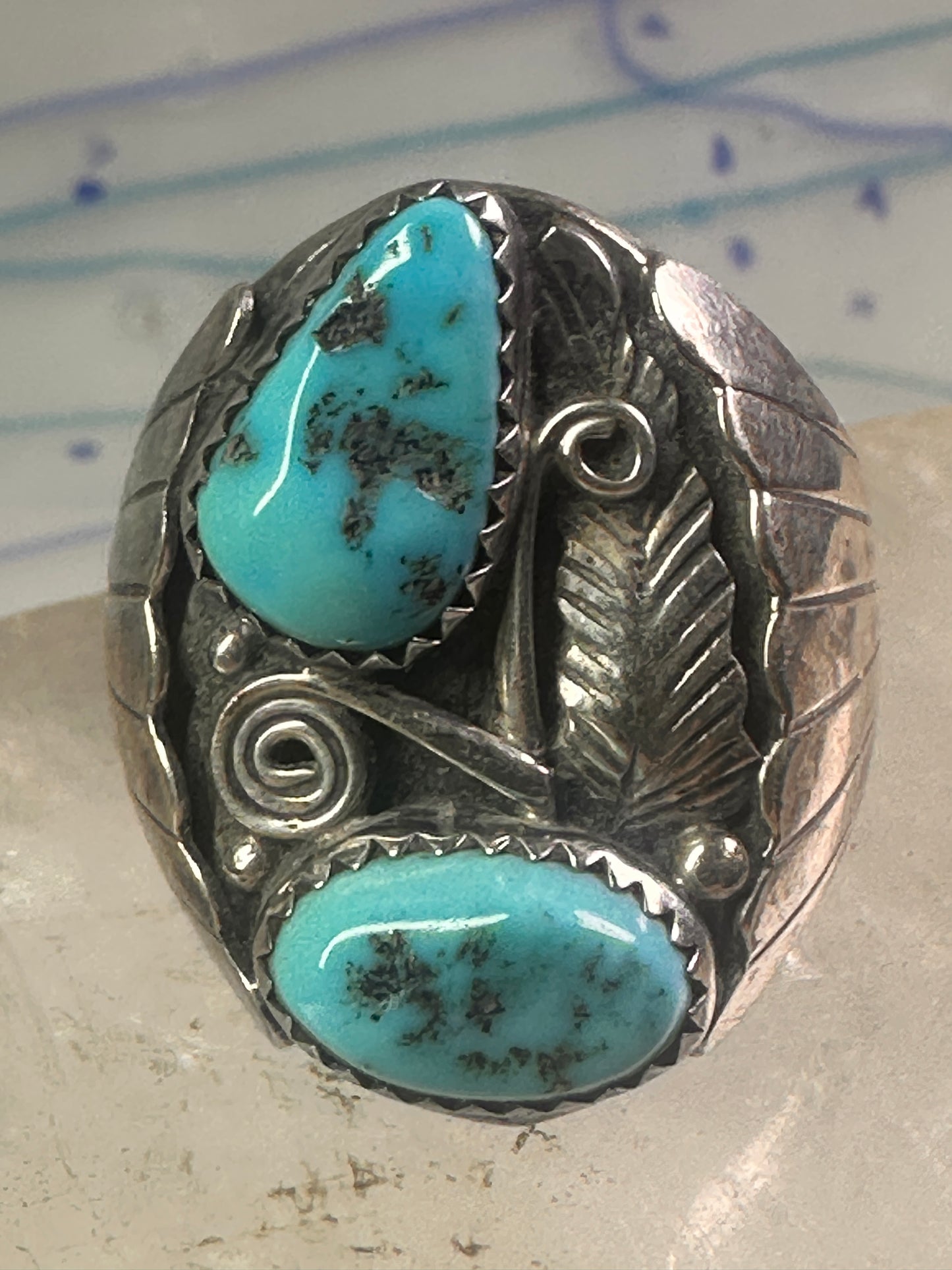 Navajo ring Turquoise band Floral leaves size 10.50 sterling silver women men