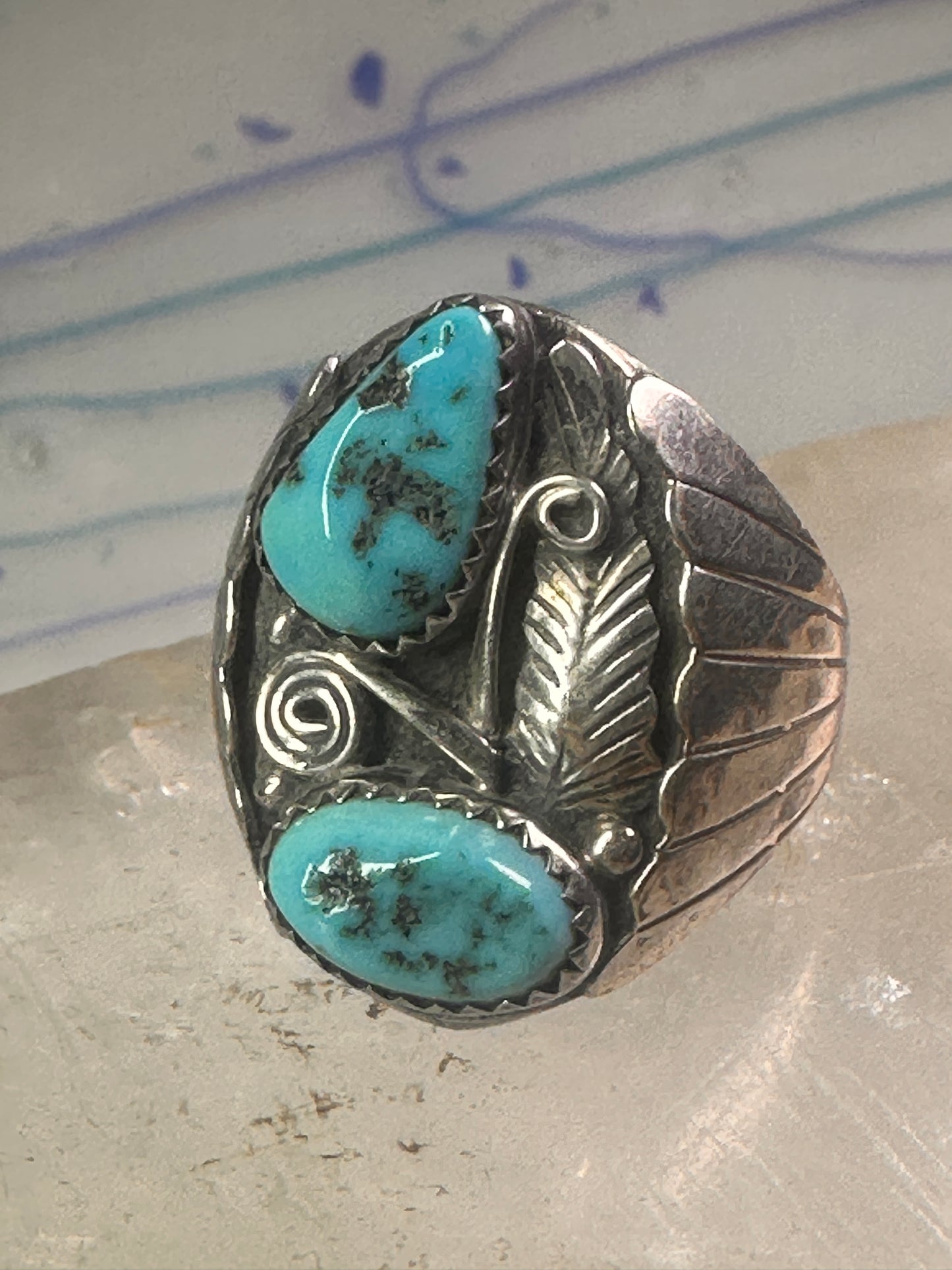 Navajo ring Turquoise band Floral leaves size 10.50 sterling silver women men