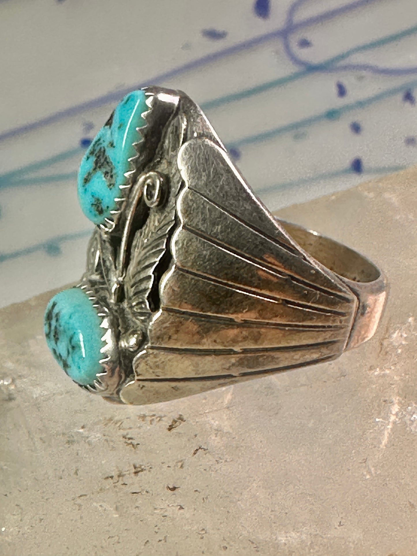 Navajo ring Turquoise band Floral leaves size 10.50 sterling silver women men