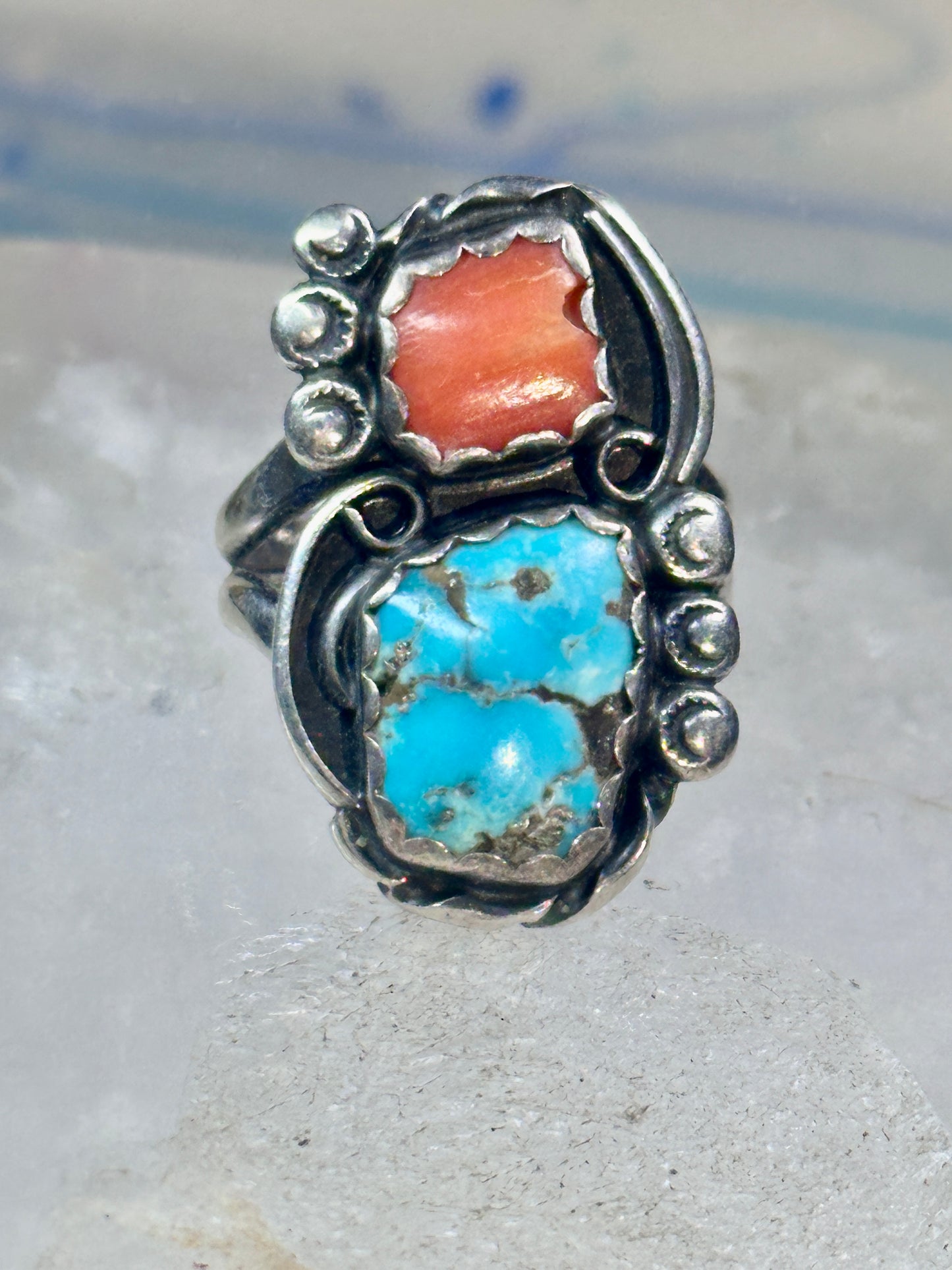 Navajo ring Turquoise Coral size 7 sterling silver women