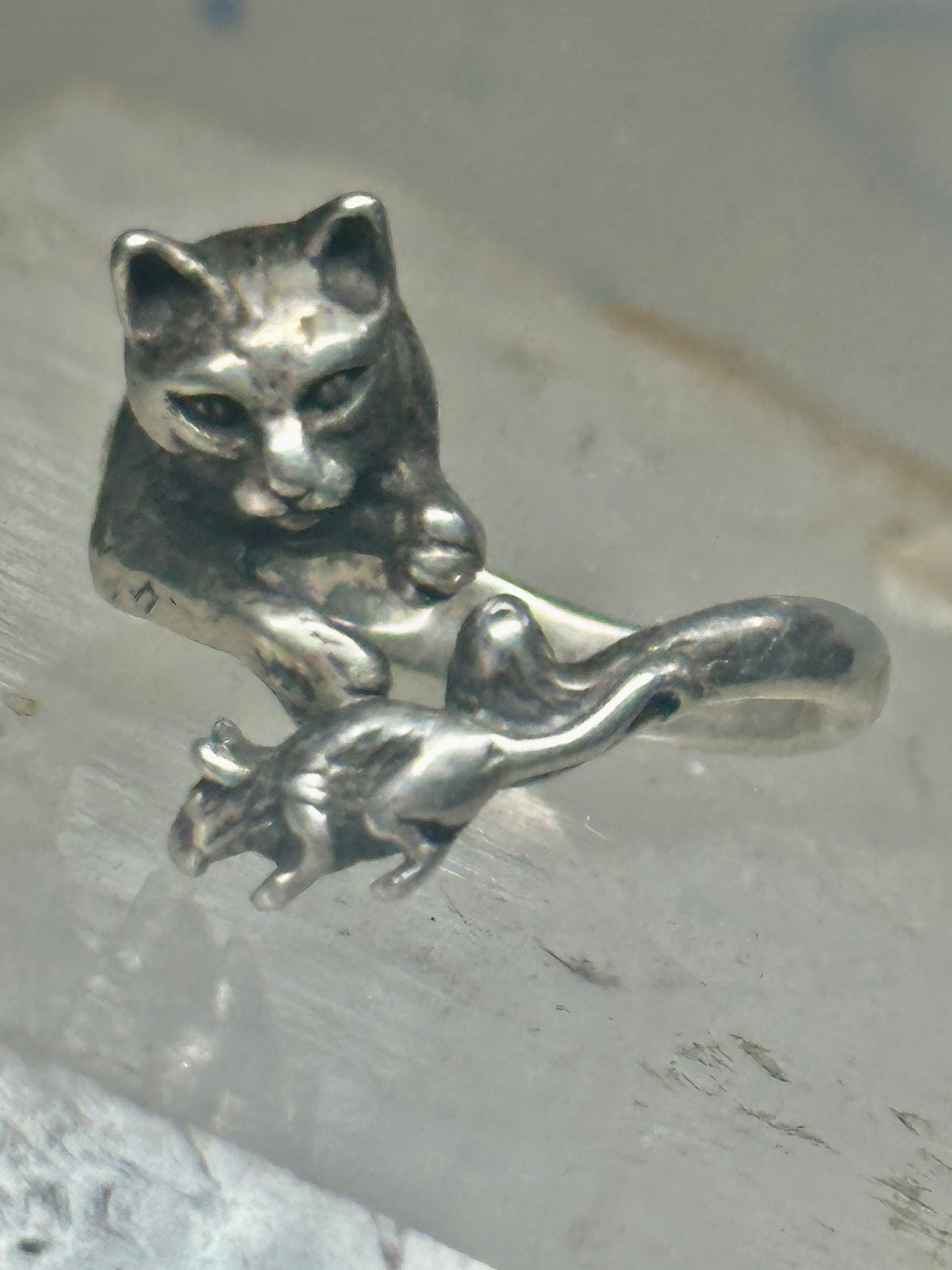Cat ring chasing mouse band size 7 sterling silver women girls