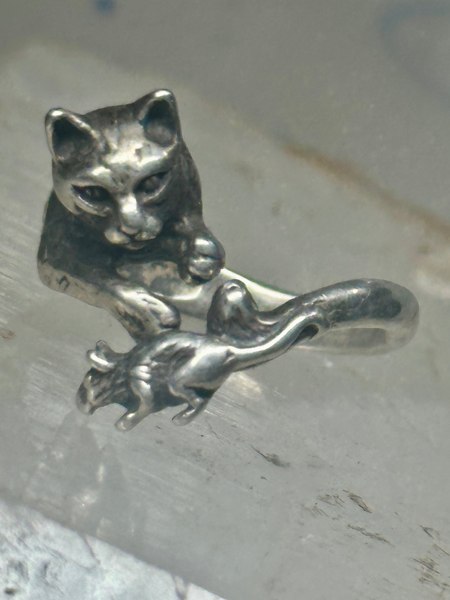Cat ring chasing mouse band size 7 sterling silver women girls