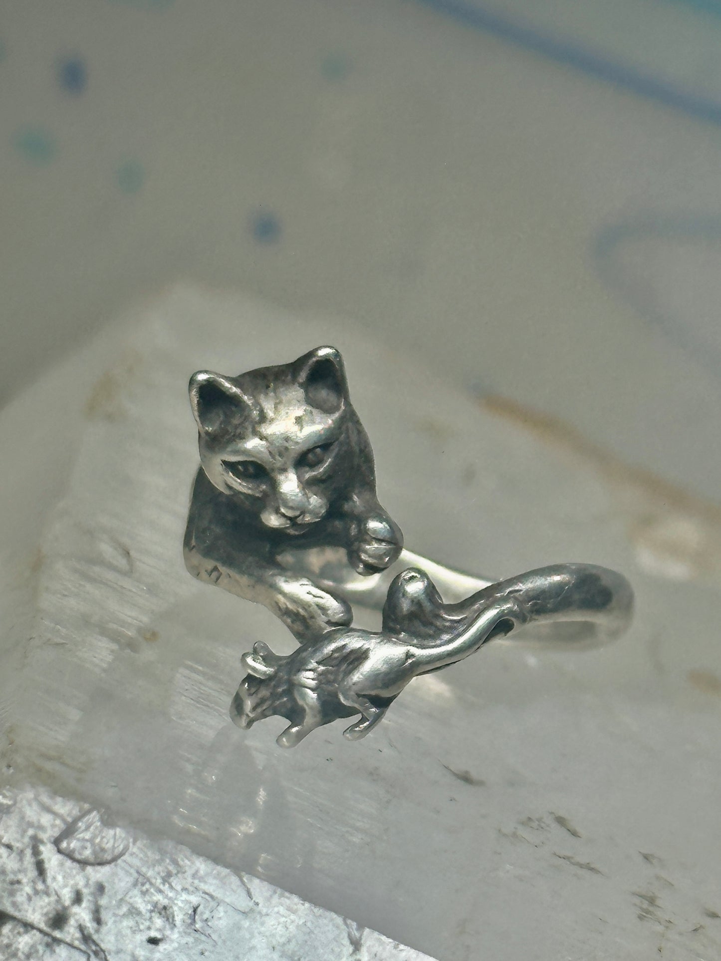 Cat ring chasing mouse band size 7 sterling silver women girls
