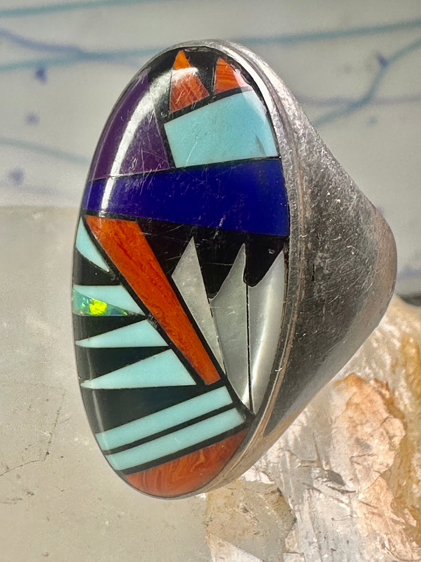 Zuni ring Turquoise spiny oyster opal onyx band size 9.50 sterling silver women men