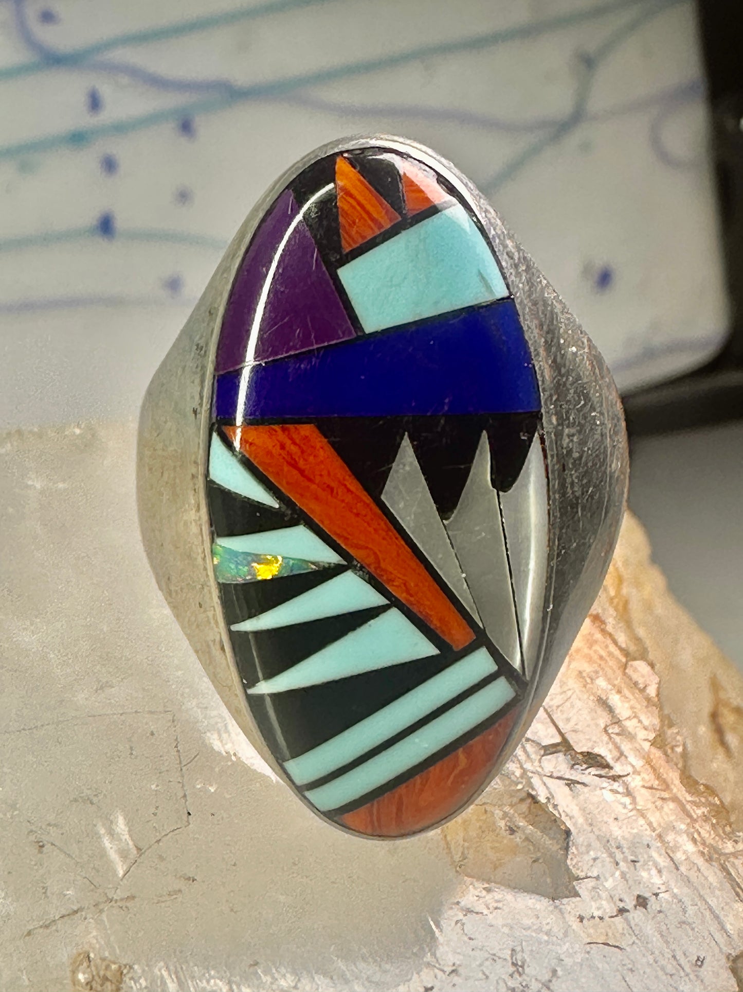 Zuni ring Turquoise spiny oyster opal onyx band size 9.50 sterling silver women men