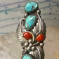 Navajo ring Long Turquoise coral leaves size 9 sterling silver women