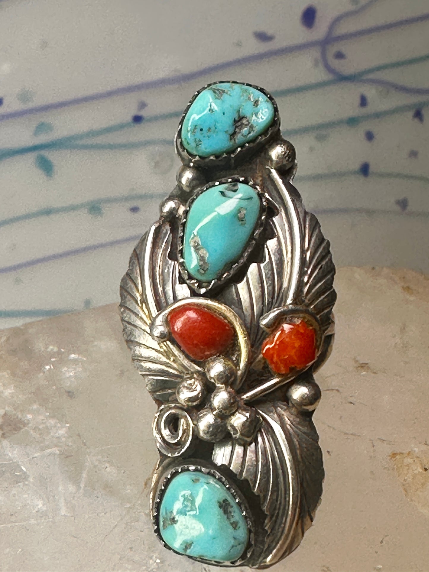 Navajo ring Long Turquoise coral leaves size 9 sterling silver women