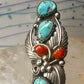 Navajo ring Long Turquoise coral leaves size 9 sterling silver women