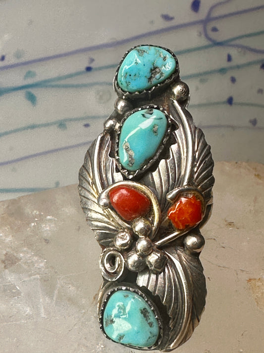 Navajo ring Long Turquoise coral leaves size 9 sterling silver women