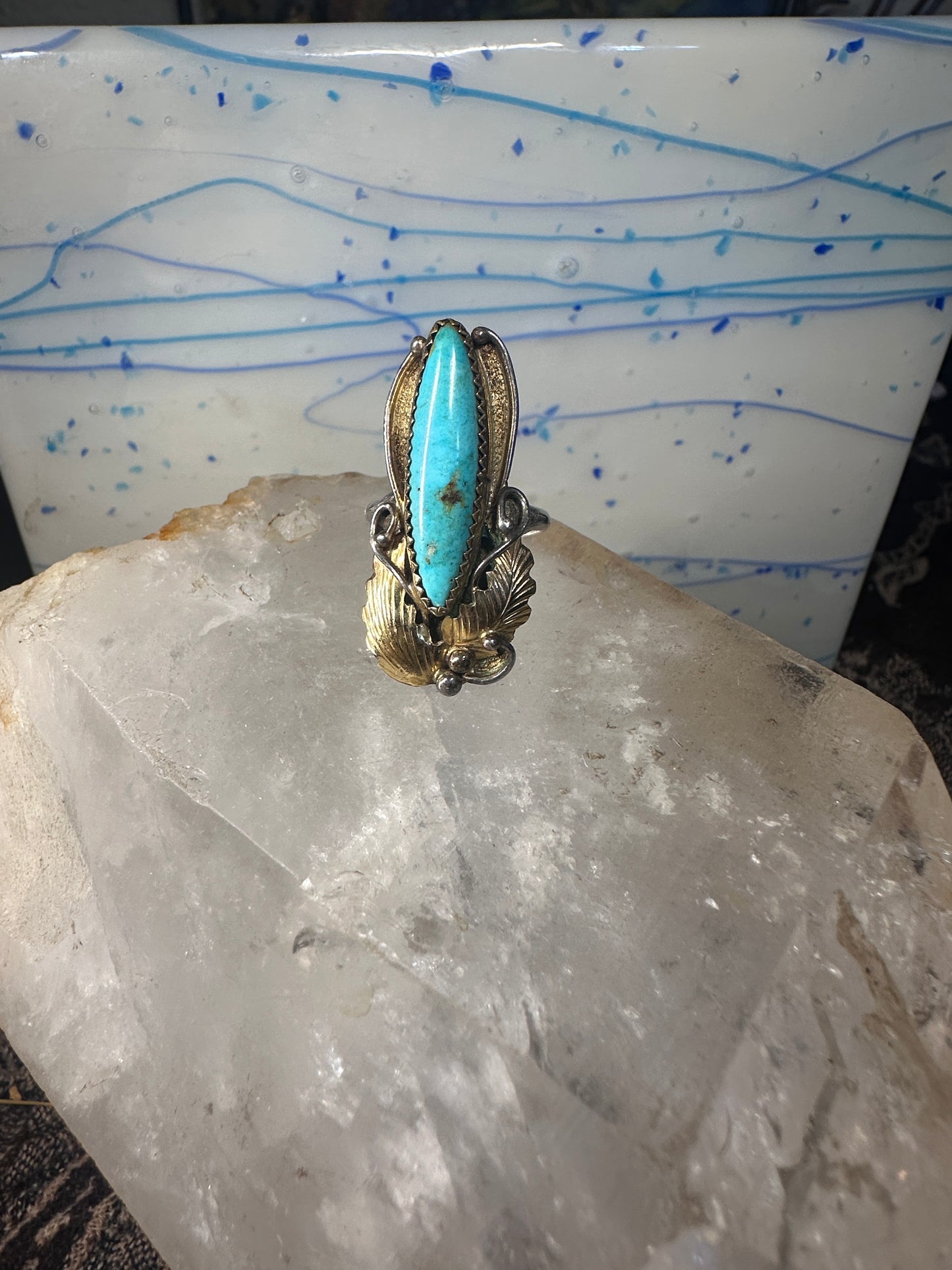 Long Turquoise ring Navajo tribal sterling silver gold filled size 7 women by Virginia C