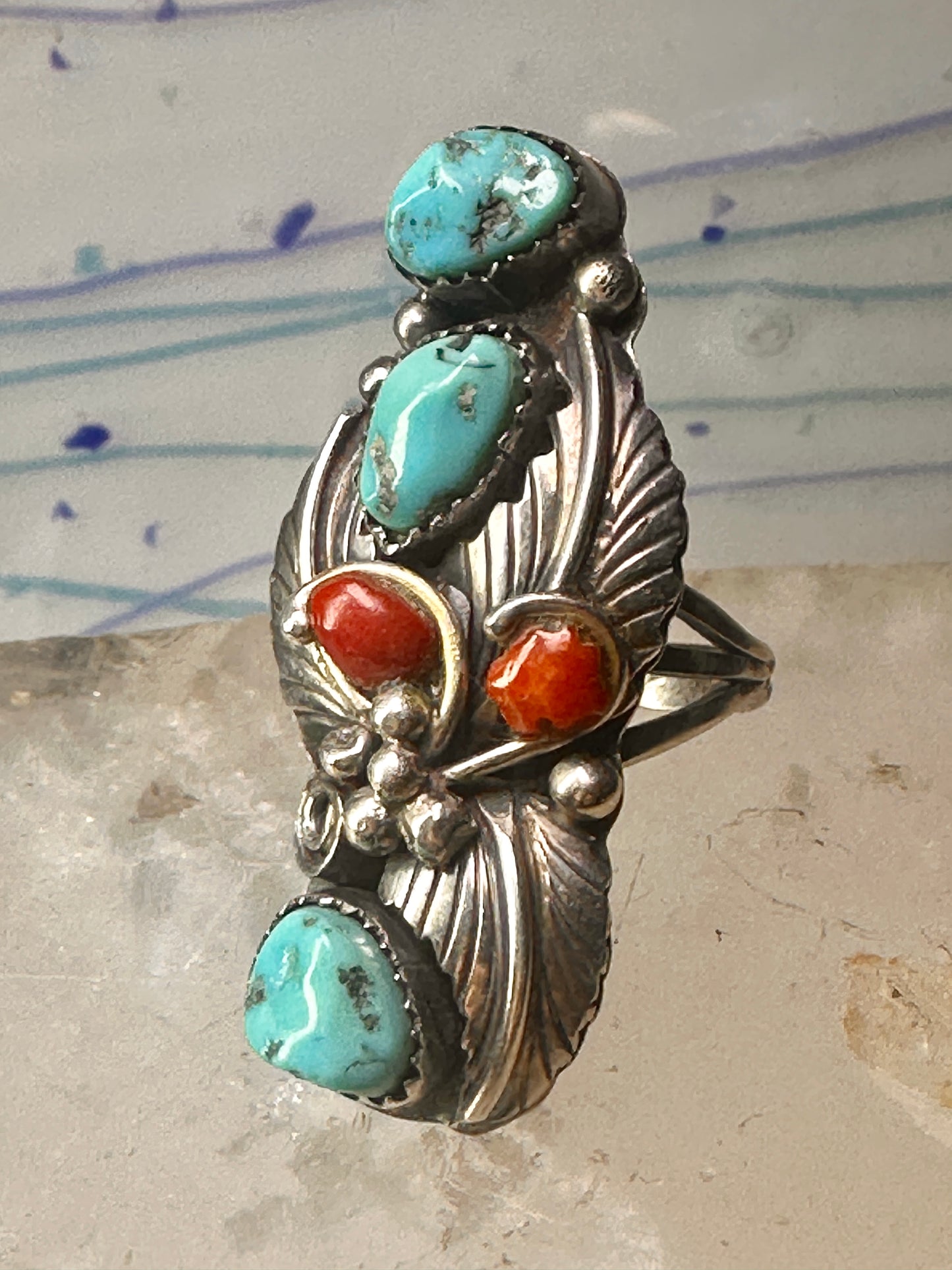 Navajo ring Long Turquoise coral leaves size 9 sterling silver women