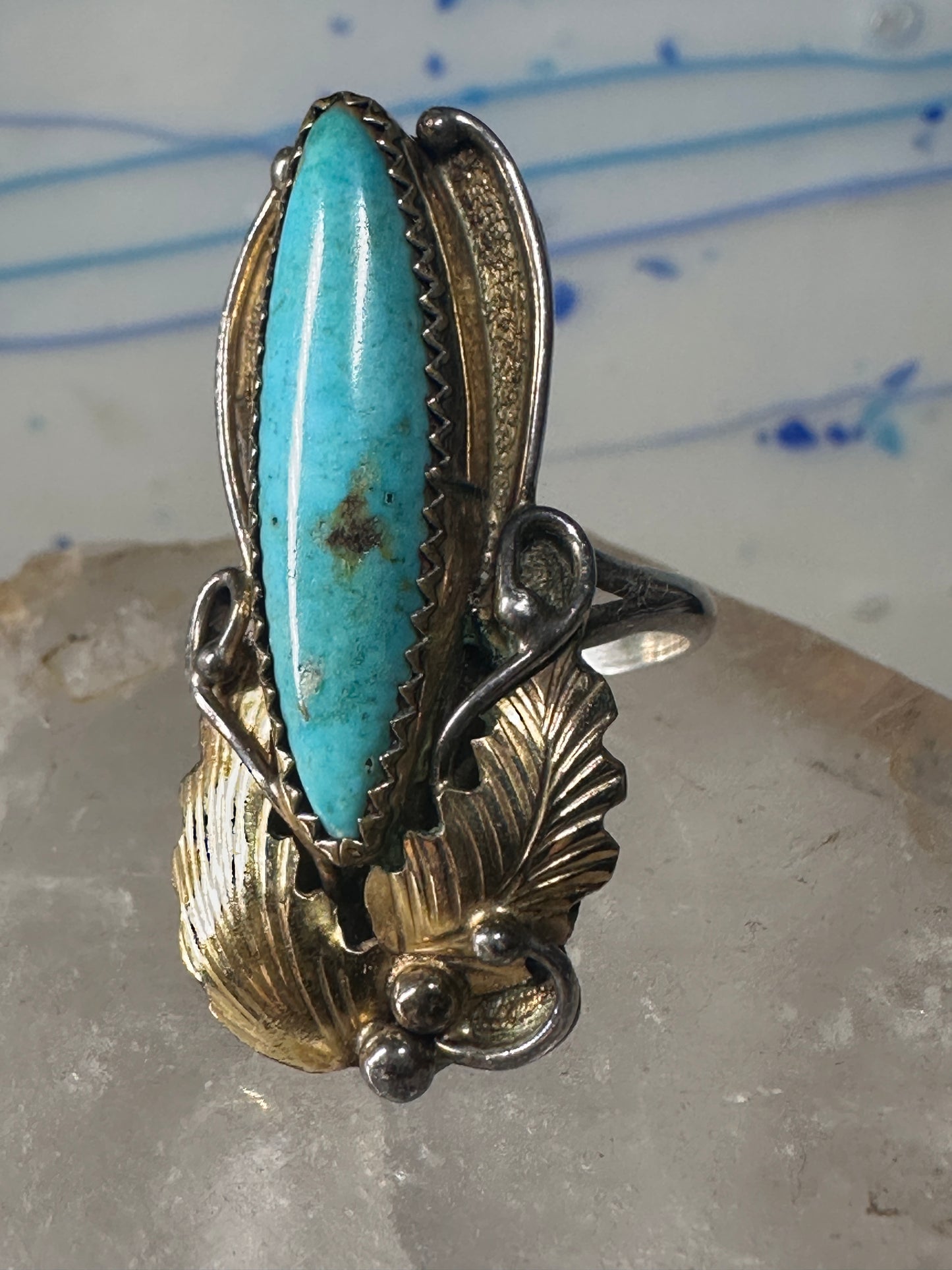 Long Turquoise ring Navajo tribal sterling silver gold filled size 7 women by Virginia C