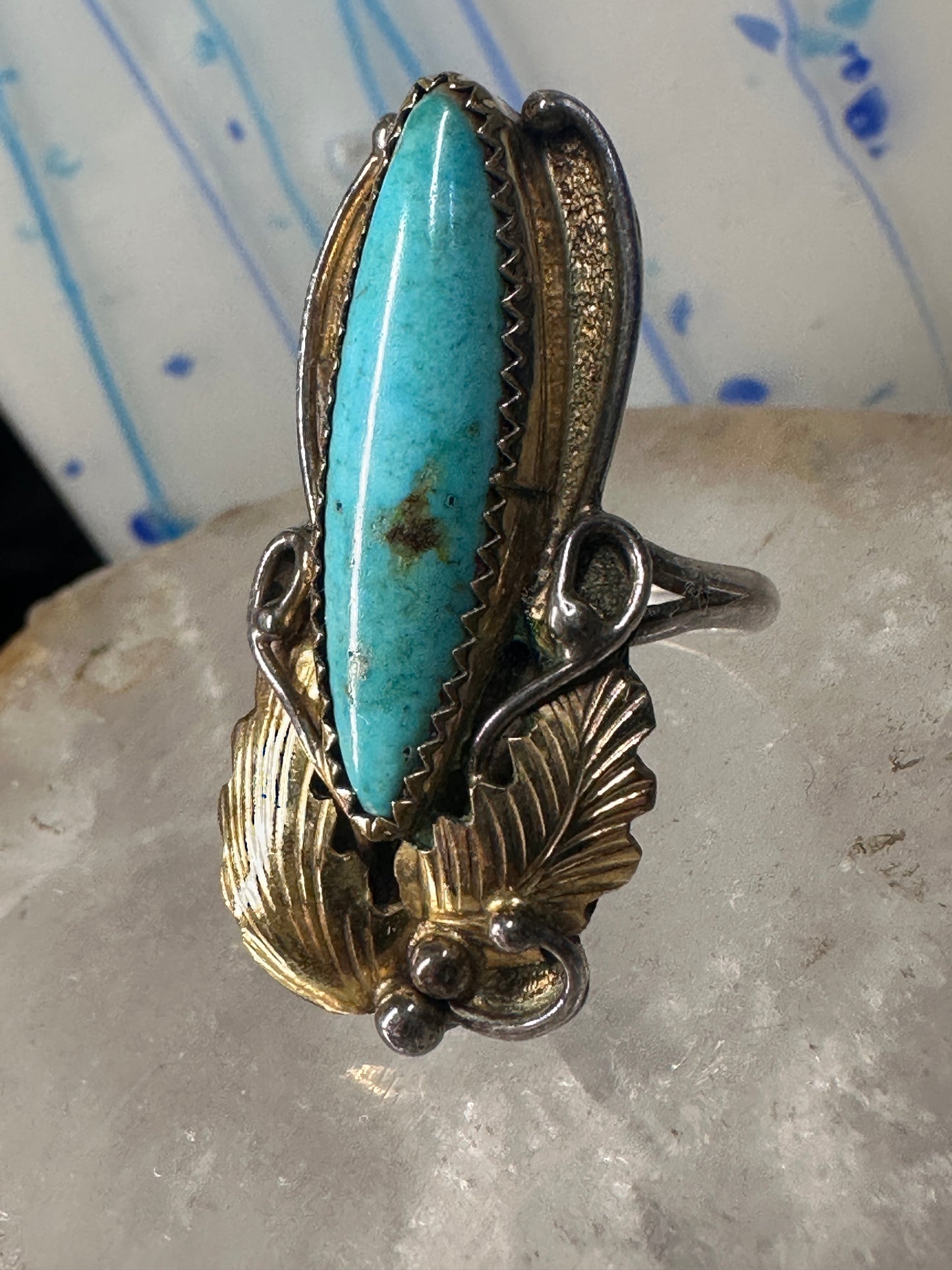 Long Turquoise ring Navajo tribal sterling silver gold filled size 7 women by Virginia C