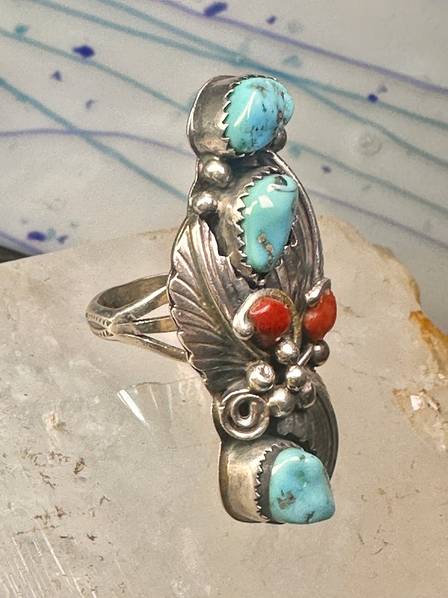 Navajo ring Long Turquoise coral leaves size 9 sterling silver women