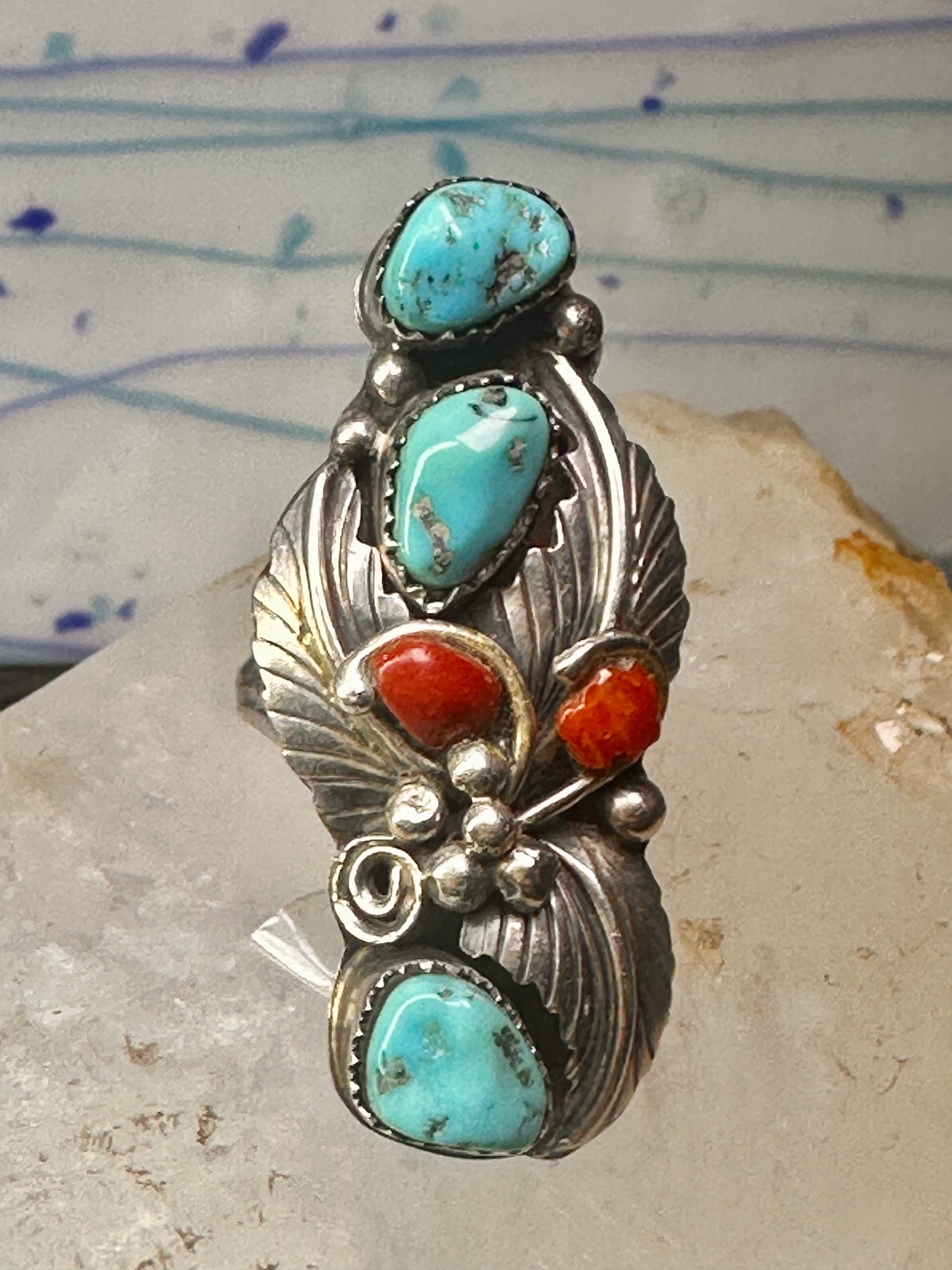 Navajo ring Long Turquoise coral leaves size 9 sterling silver women