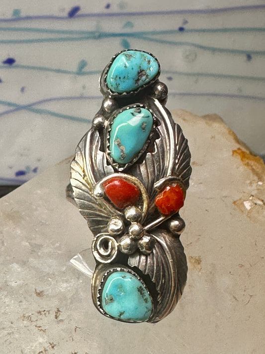 Navajo ring Long Turquoise coral leaves size 9 sterling silver women