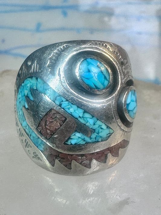 Turquoise coral ring southwest band size 10.50 sterling silver women men