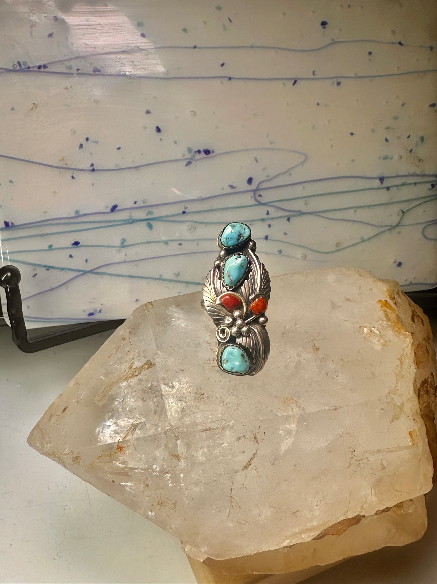 Navajo ring Long Turquoise coral leaves size 9 sterling silver women