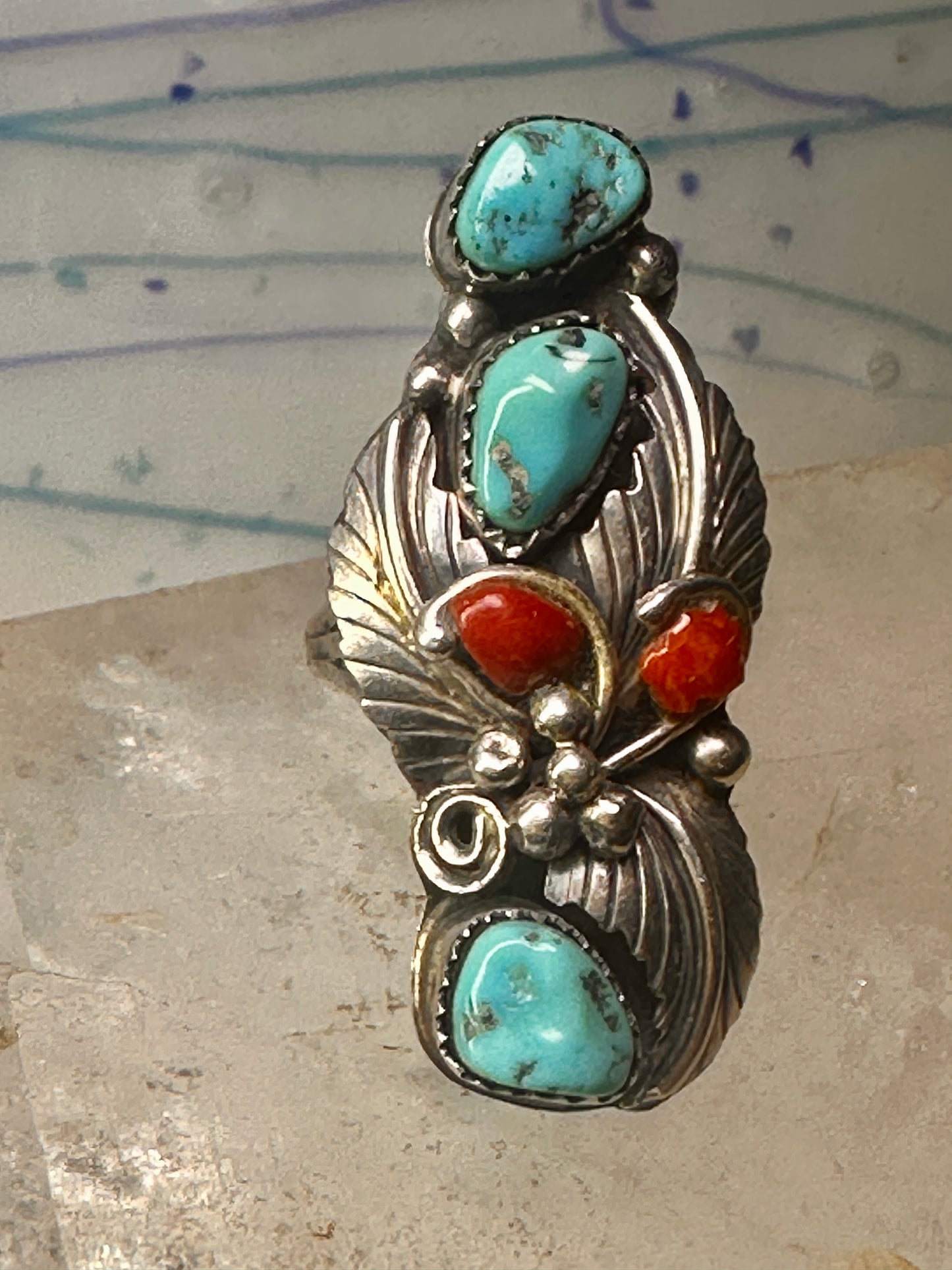 Navajo ring Long Turquoise coral leaves size 9 sterling silver women