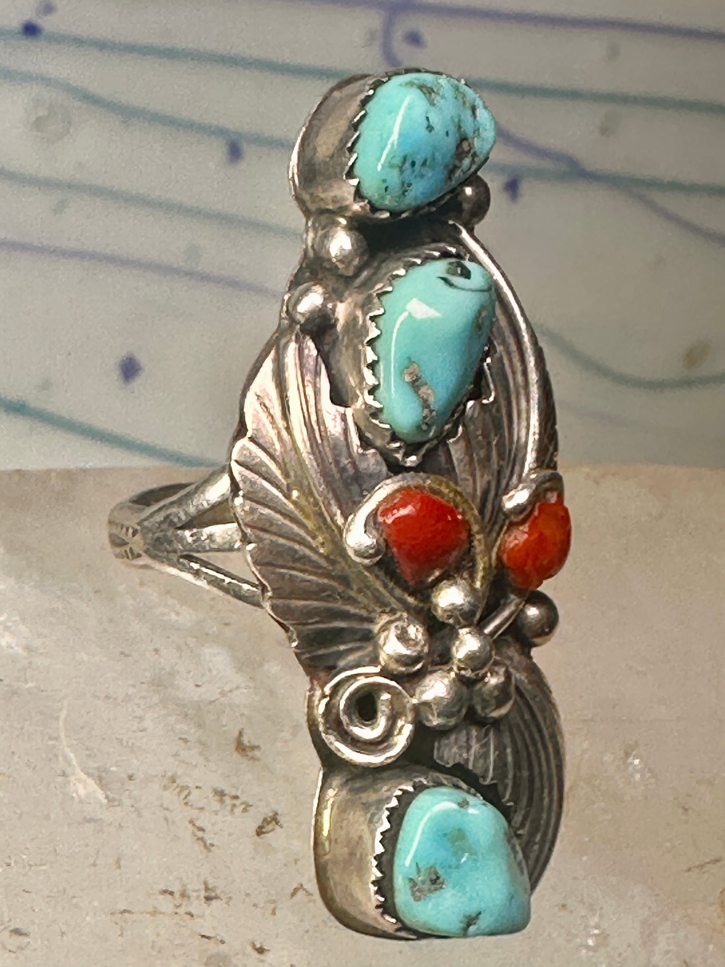 Navajo ring Long Turquoise coral leaves size 9 sterling silver women