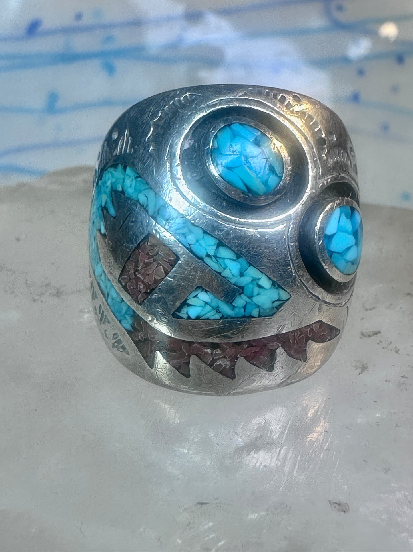 Turquoise coral ring southwest band size 10.50 sterling silver women men