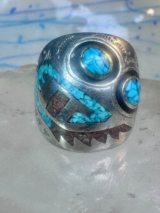 Turquoise coral ring southwest band size 10.50 sterling silver women men
