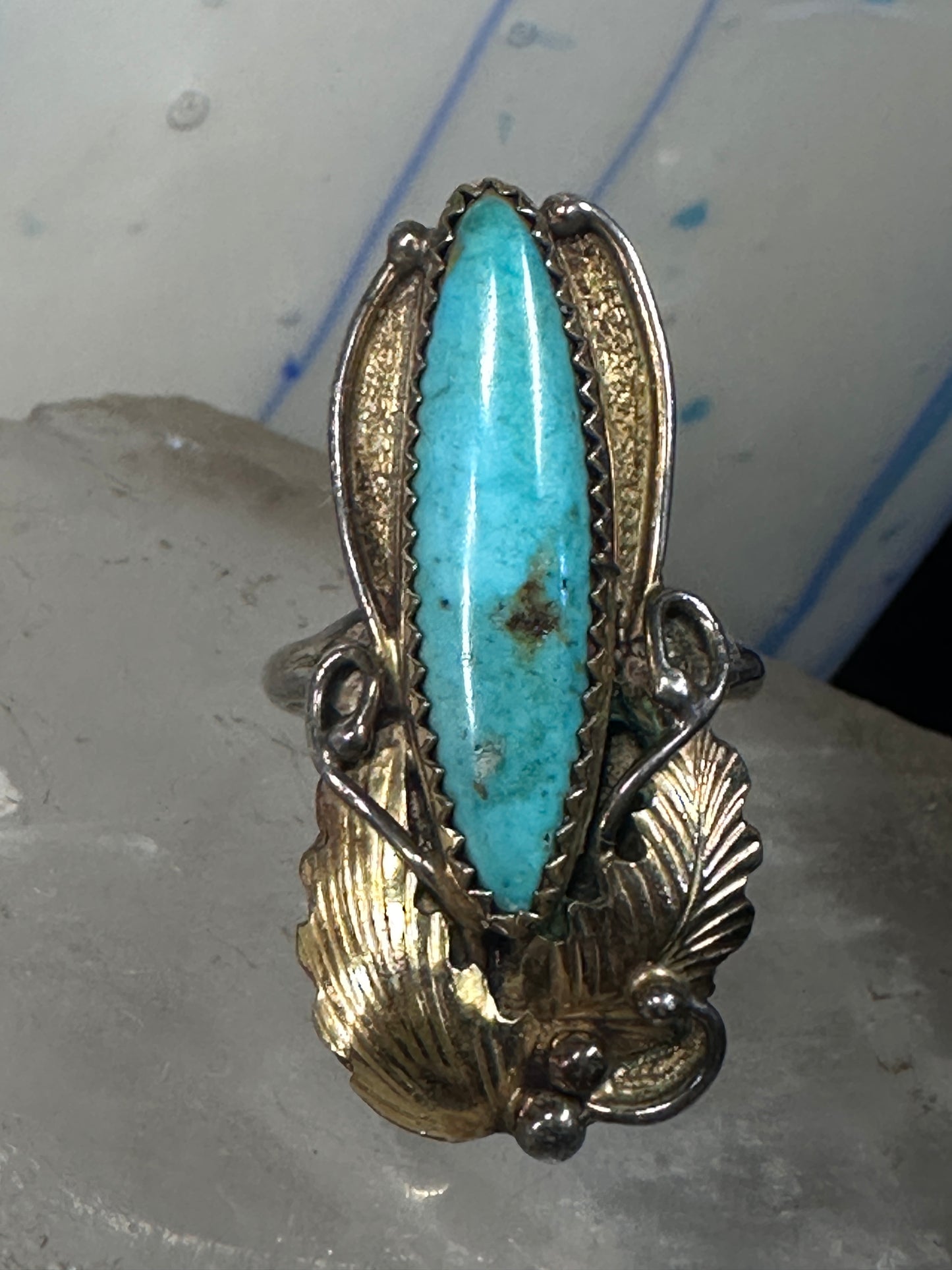 Long Turquoise ring Navajo tribal sterling silver gold filled size 7 women by Virginia C