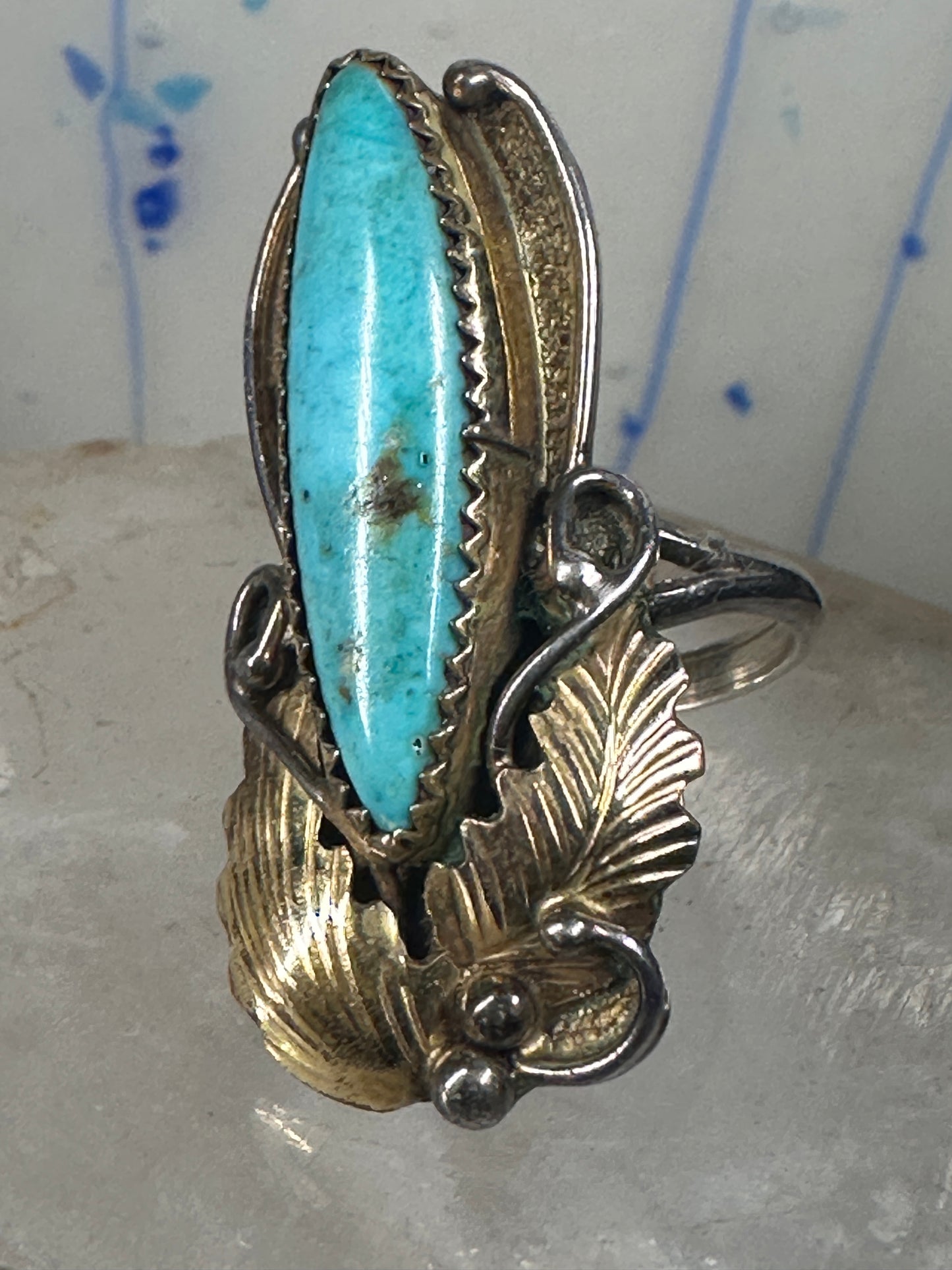 Long Turquoise ring Navajo tribal sterling silver gold filled size 7 women by Virginia C