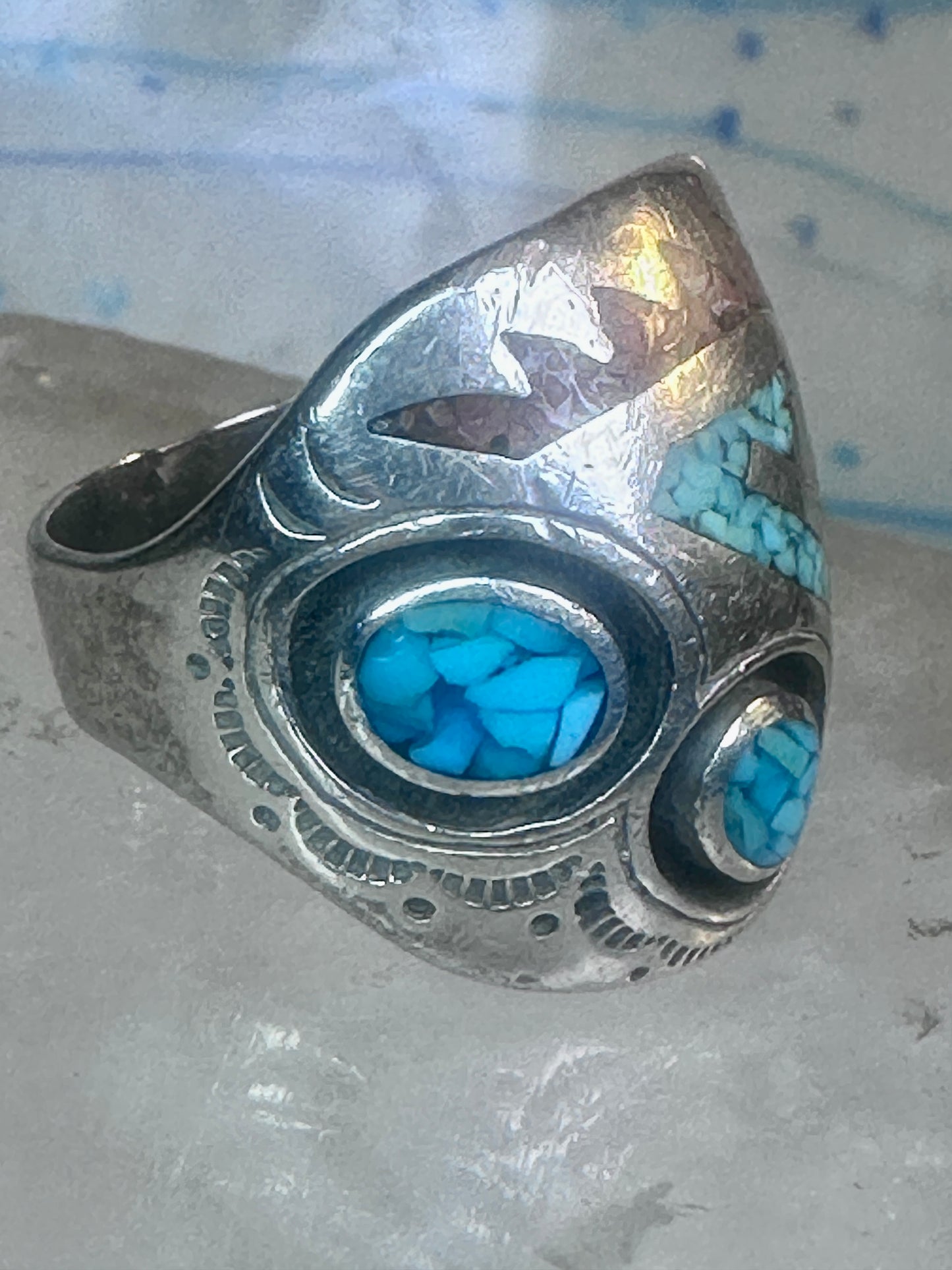 Turquoise coral ring southwest band size 10.50 sterling silver women men