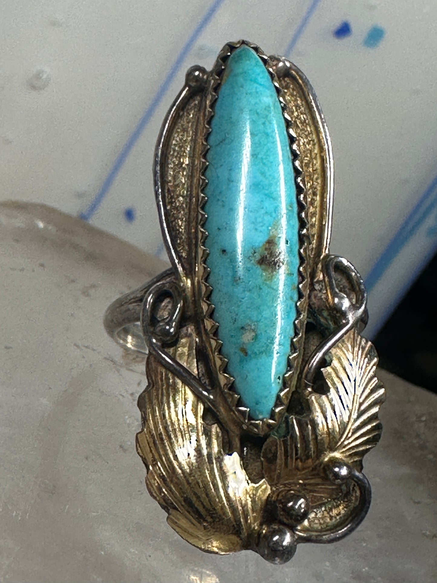 Long Turquoise ring Navajo tribal sterling silver gold filled size 7 women by Virginia C