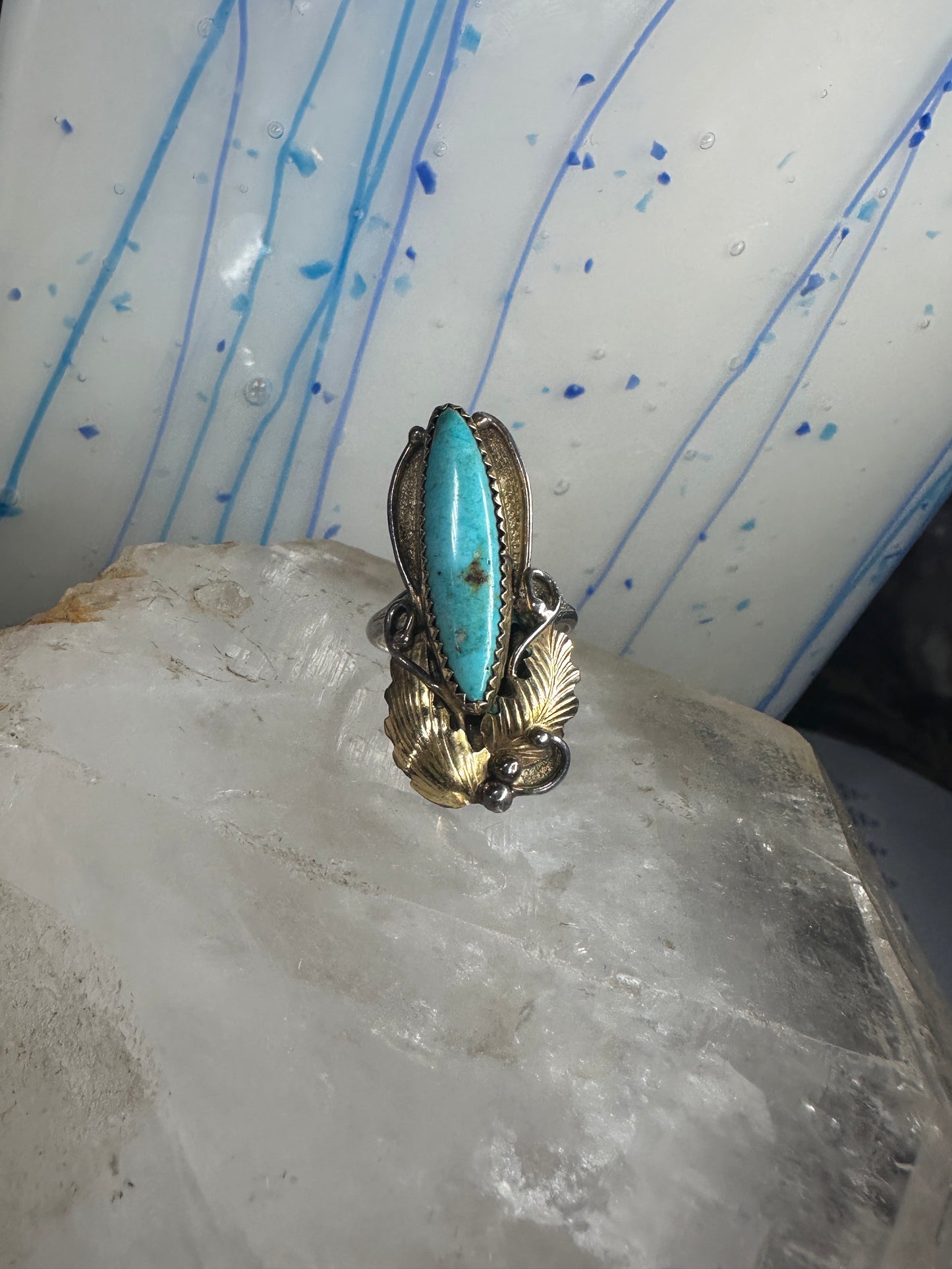 Long Turquoise ring Navajo tribal sterling silver gold filled size 7 women by Virginia C