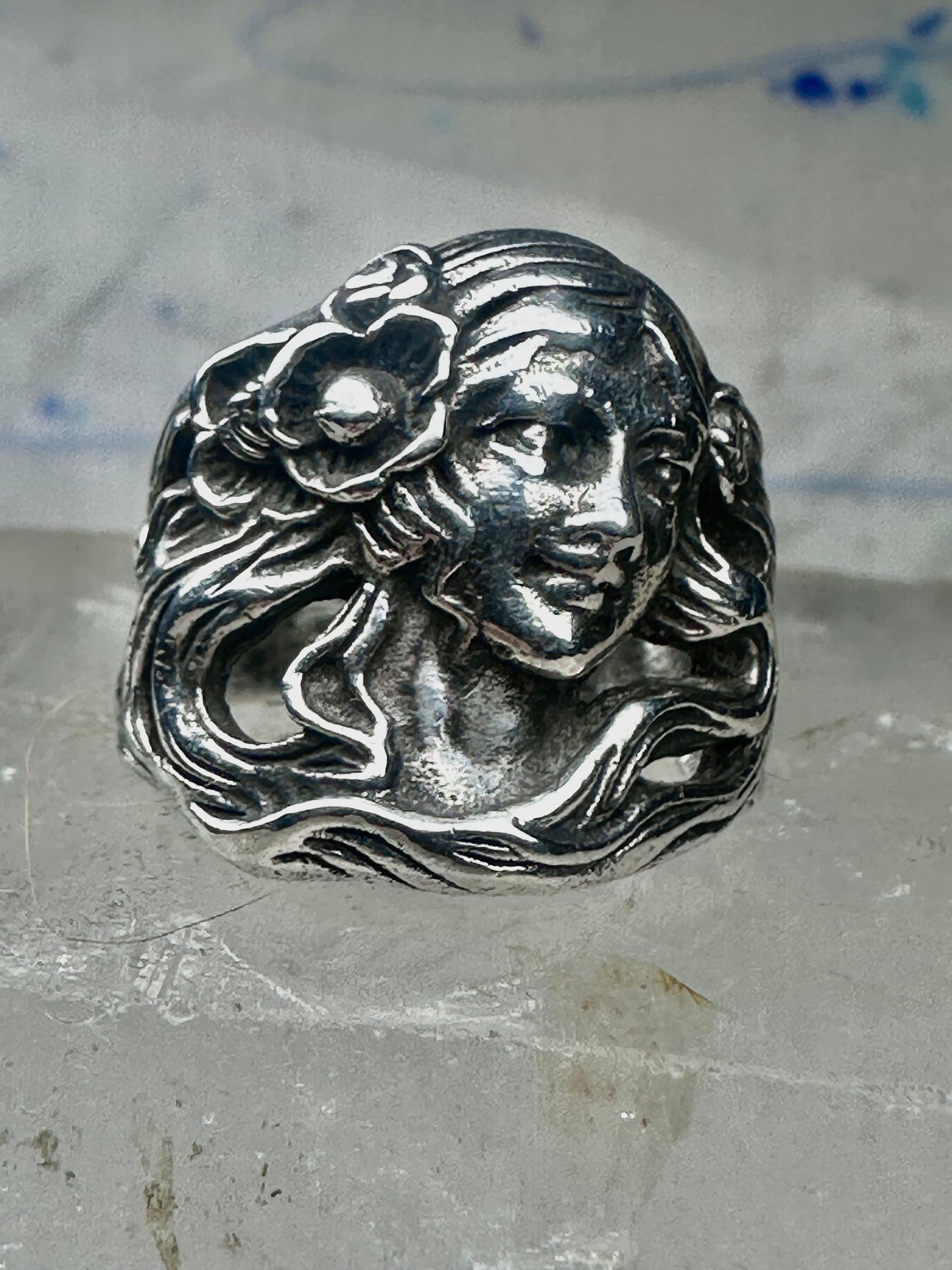 Lady Face Ring with Flower Art Deco Style Sterling Silver - Size 7
