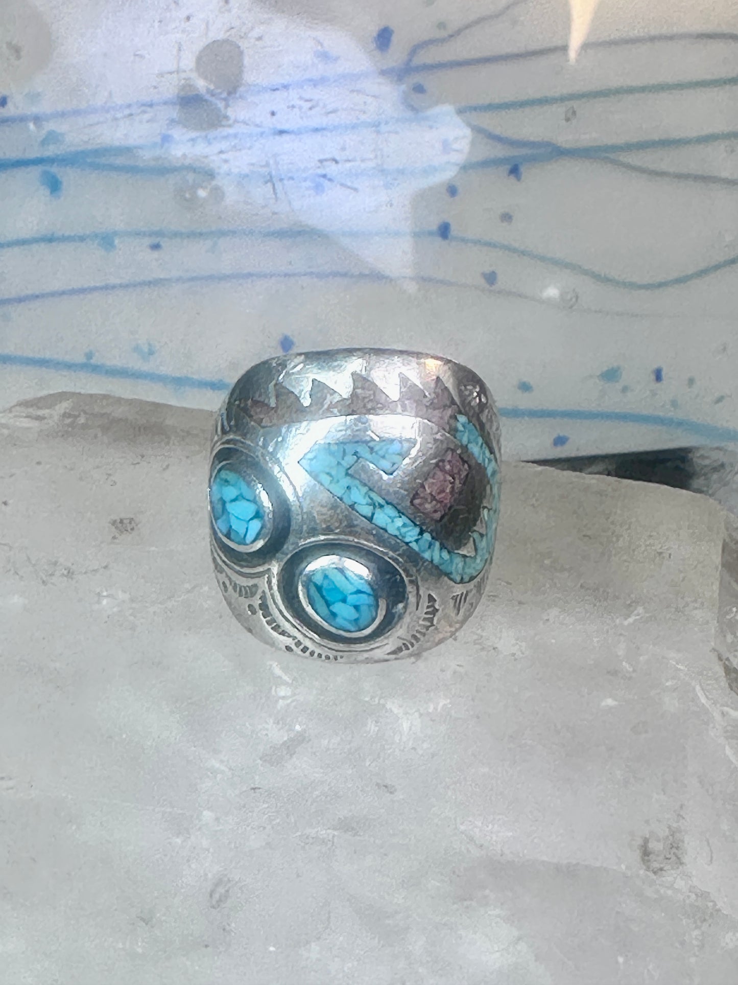 Turquoise coral ring southwest band size 10.50 sterling silver women men