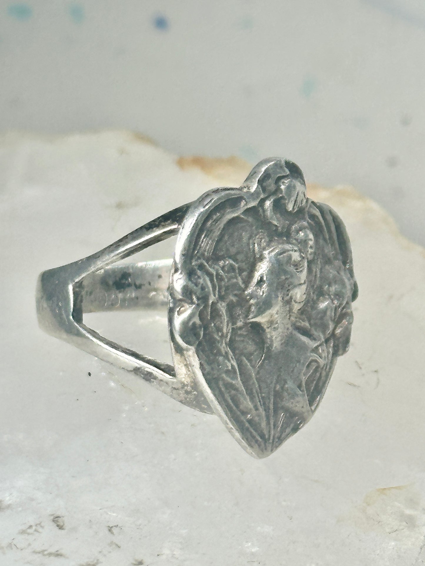 Lady face ring Floral Art Deco figurative size 7 sterling silver women