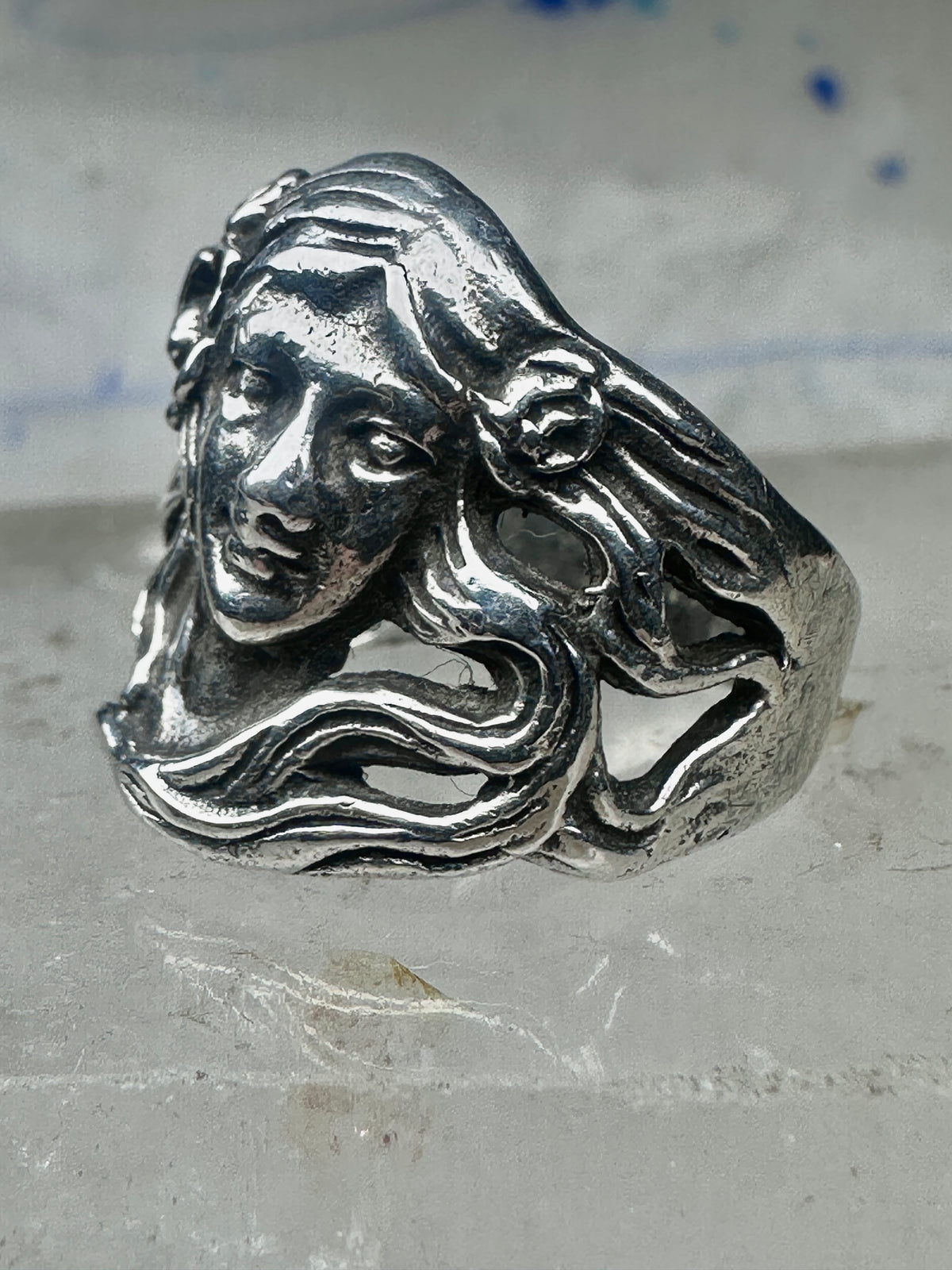 Lady Face Ring with Flower Art Deco Style Sterling Silver - Size 7