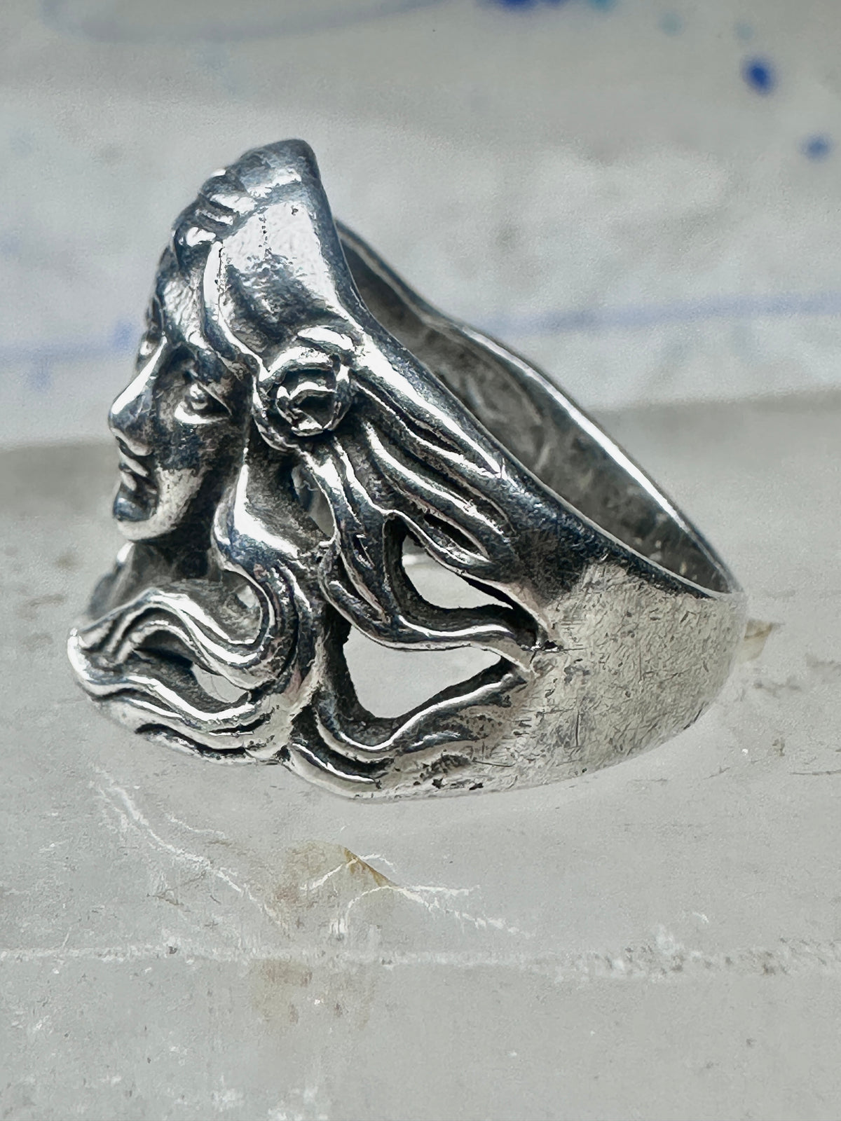 Lady Face Ring with Flower Art Deco Style Sterling Silver - Size 7