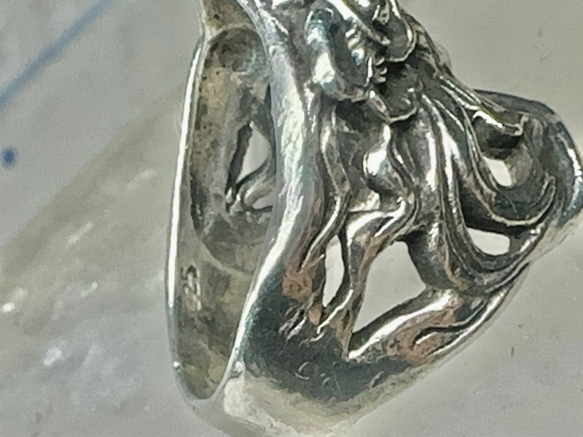 Lady Face Ring with Flower Art Deco Style Sterling Silver - Size 7