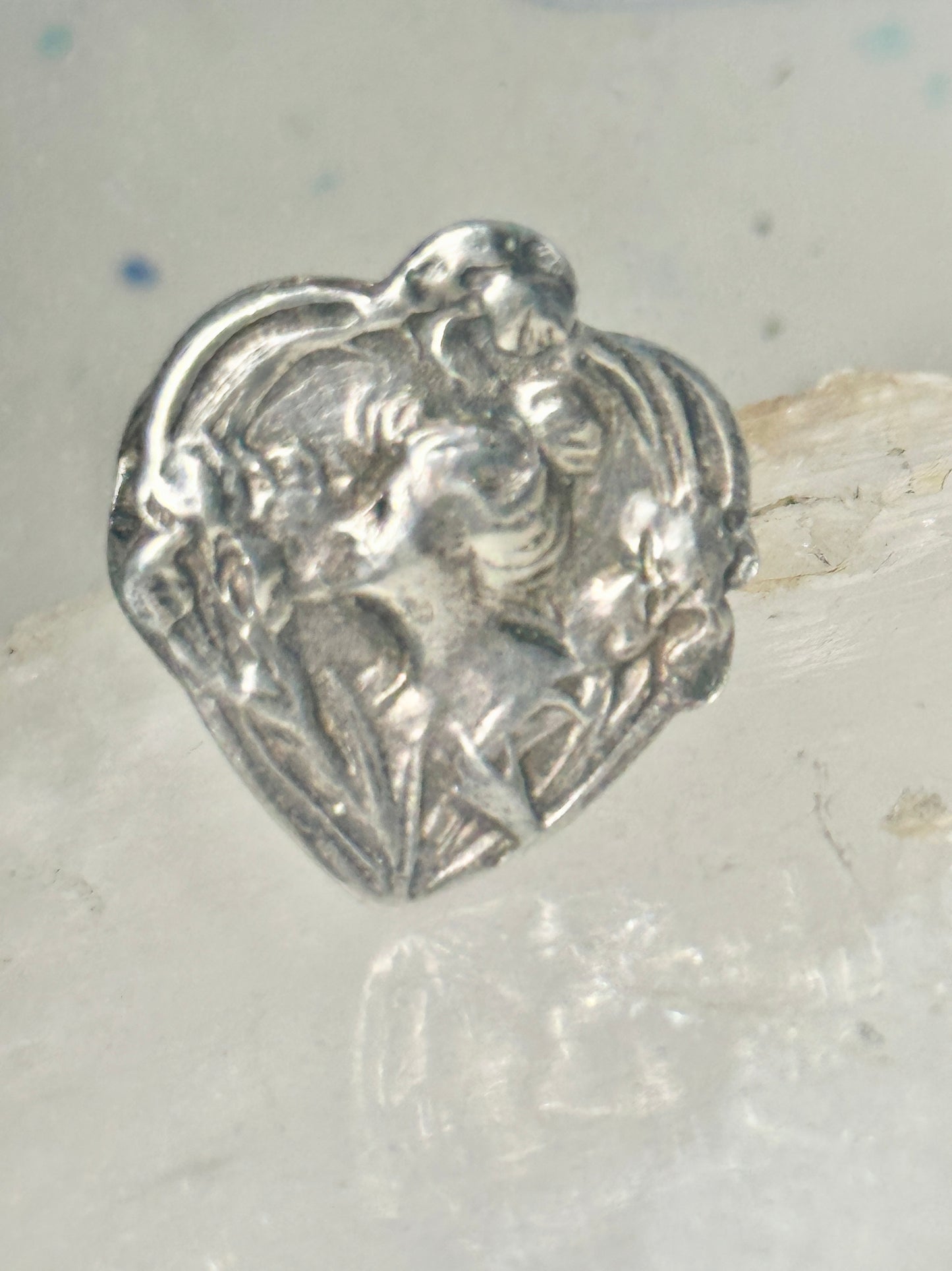 Lady face ring Floral Art Deco figurative size 7 sterling silver women