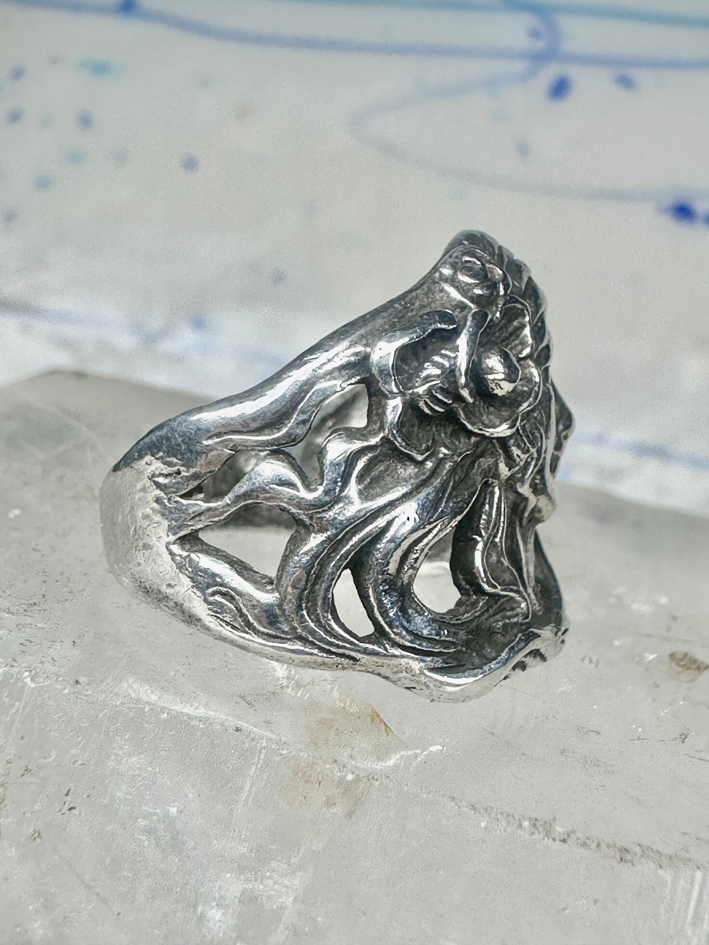 Lady Face Ring with Flower Art Deco Style Sterling Silver - Size 7