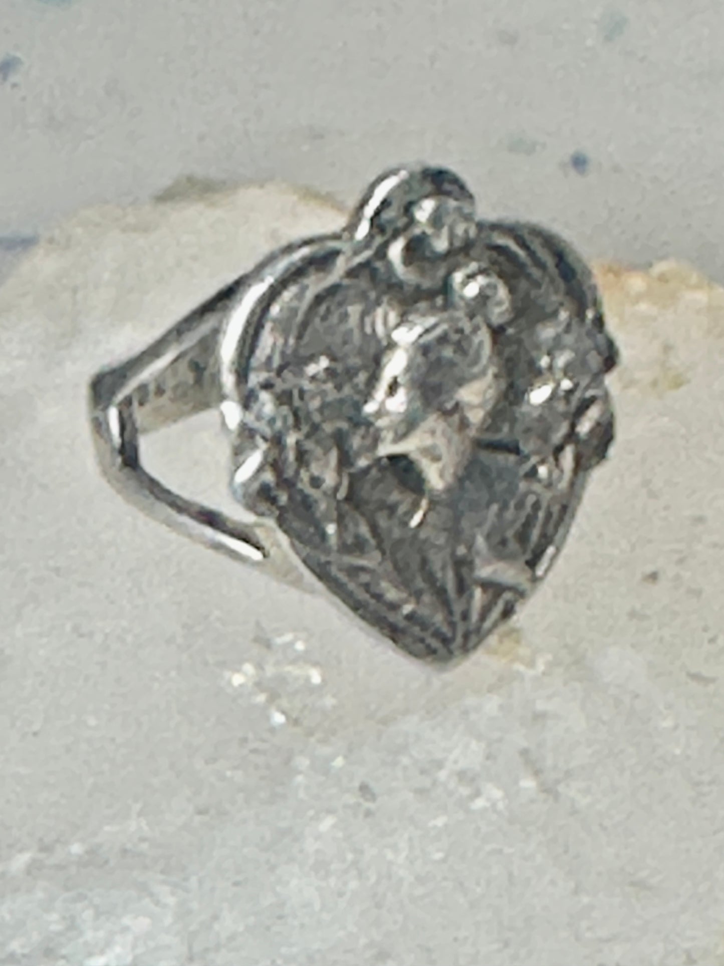 Lady face ring Floral Art Deco figurative size 7 sterling silver women