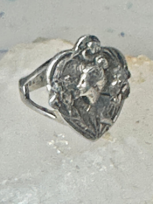 Lady face ring Floral Art Deco figurative size 7 sterling silver women