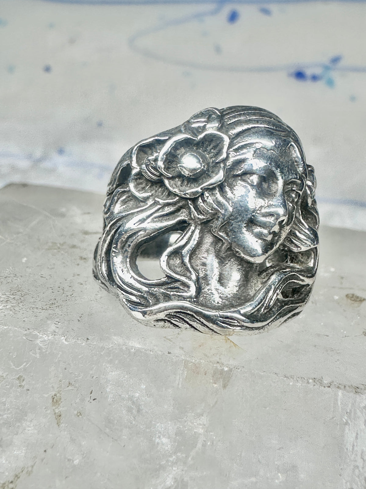 Lady Face Ring with Flower Art Deco Style Sterling Silver - Size 7